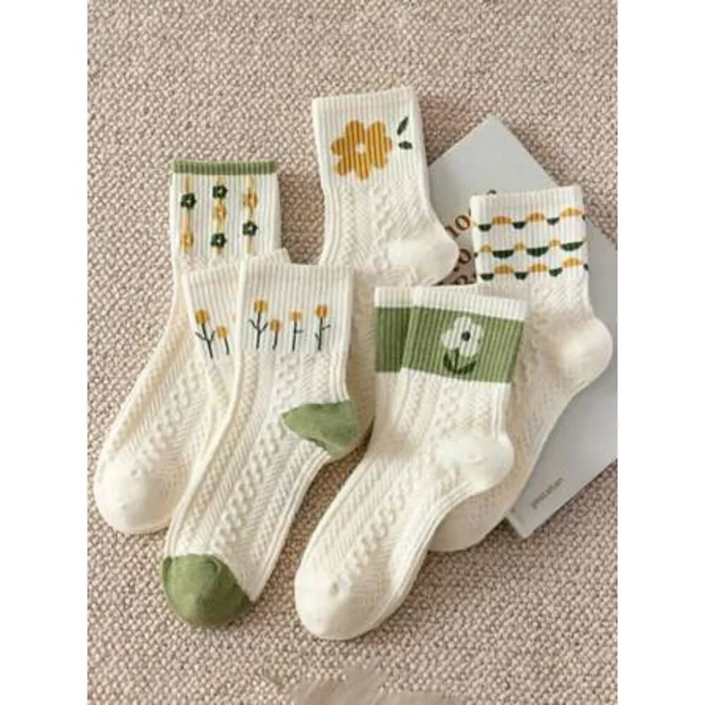 5pairs/set Women's Creative Floral Print Mid-calf Socks In Green Tones